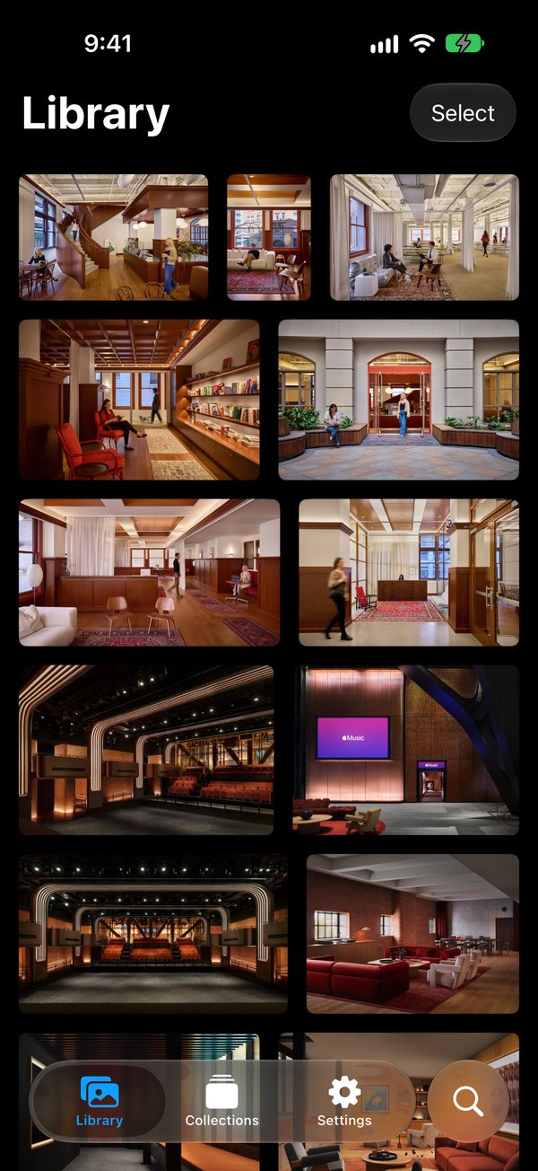 Kosmica on iPhone: the same library in a grid