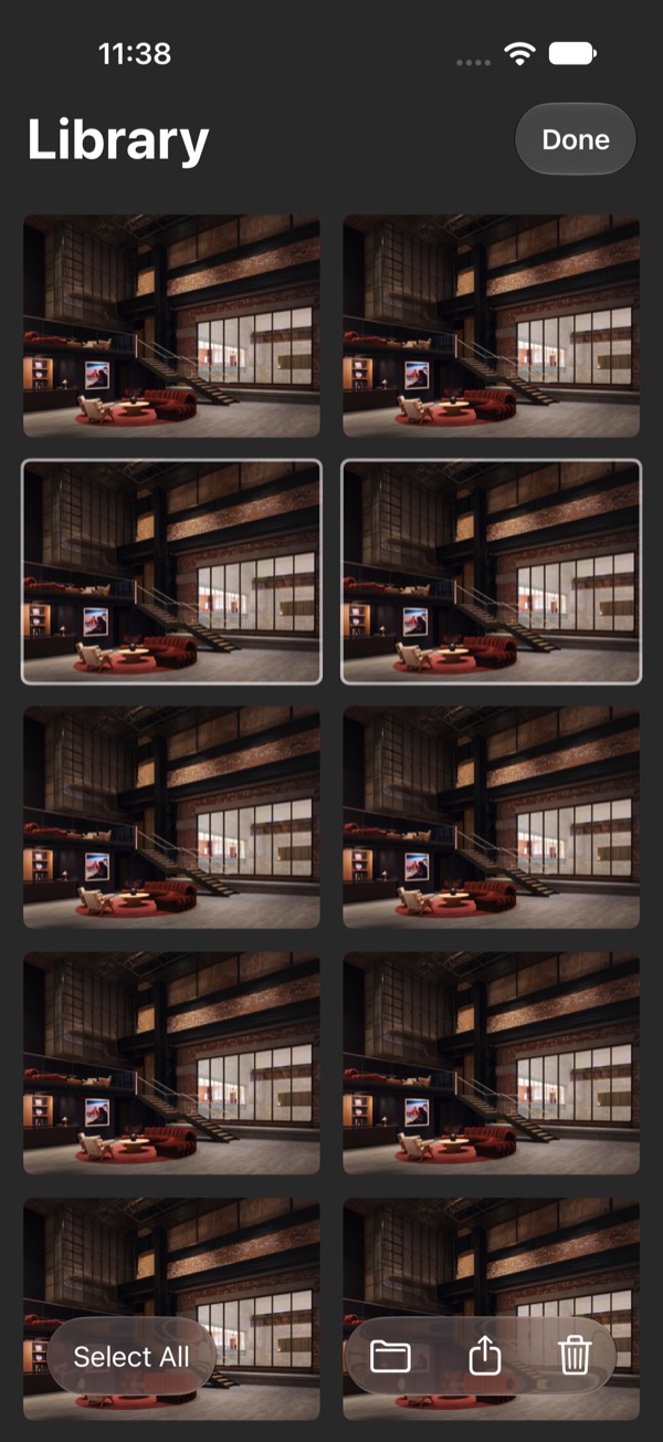 Selecting images on iPhone with a floating glass toolbar