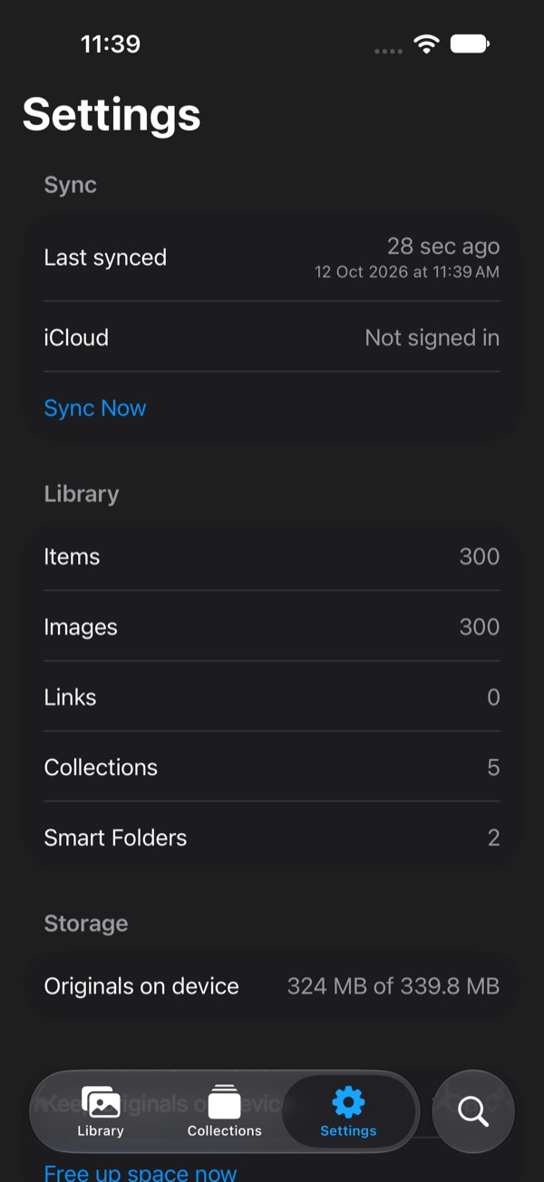 Kosmica settings on iPhone: sync status, library counts and storage used by originals