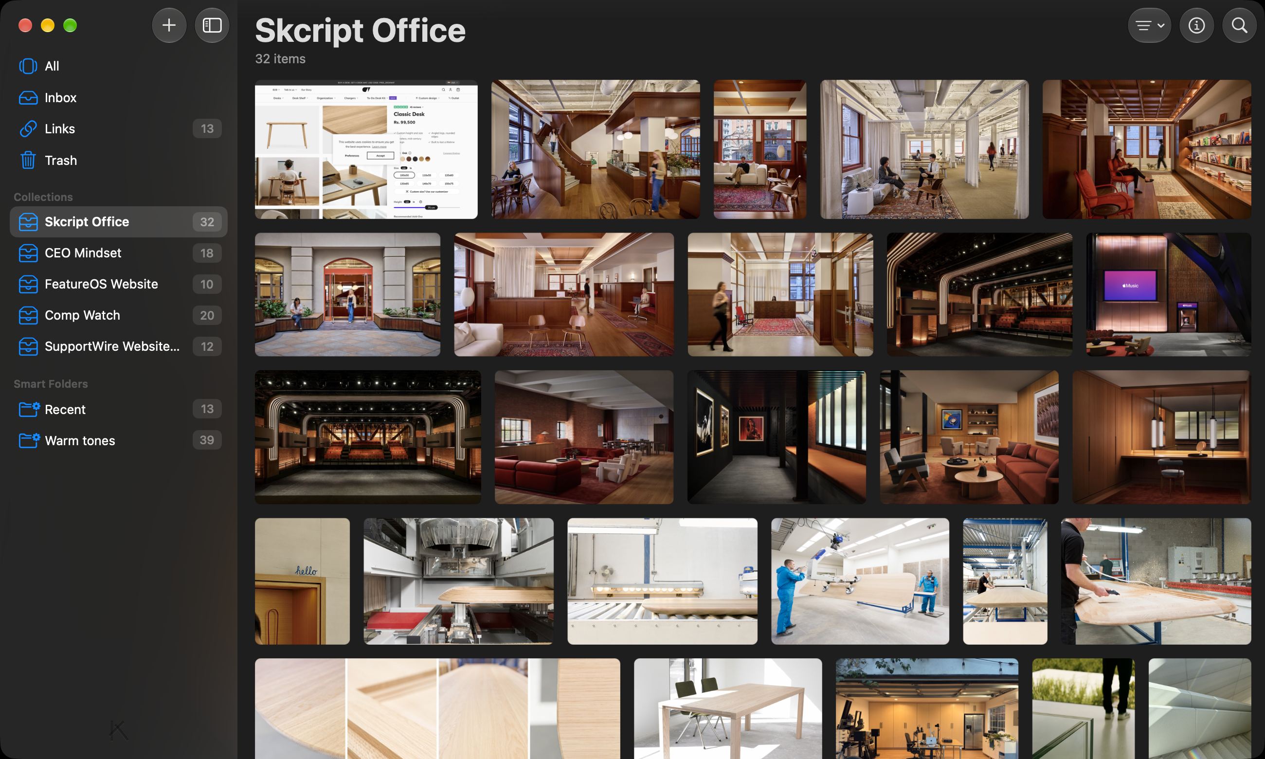 Kosmica on Mac: sidebar with collections and smart folders beside a justified grid of images